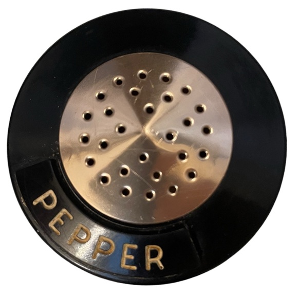 Vintage Aluminum Copper Finish Salt & Pepper Shakers Black Lids Lettering NICE - Picture 7 of 11
